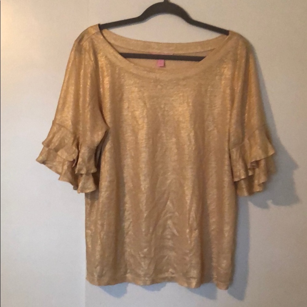 Lilly Pulitzer Gold Shimmer Ruffle Sleeve Top